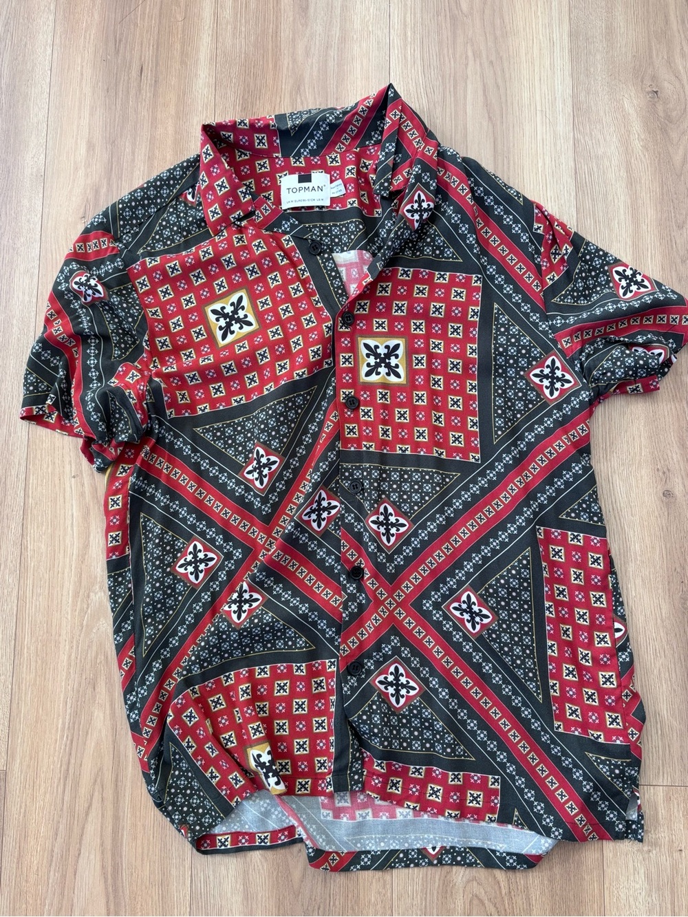 Topman Black & Red Geometric Bandana-Print Short Sleeve Shirt